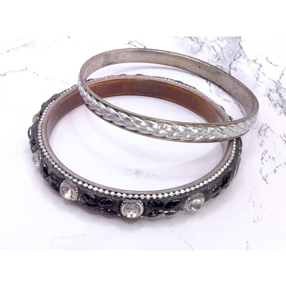 Set of 2 Bangle Bracelets Silver Gold Black Rhinestone Beaded Stack Bracelets 9"